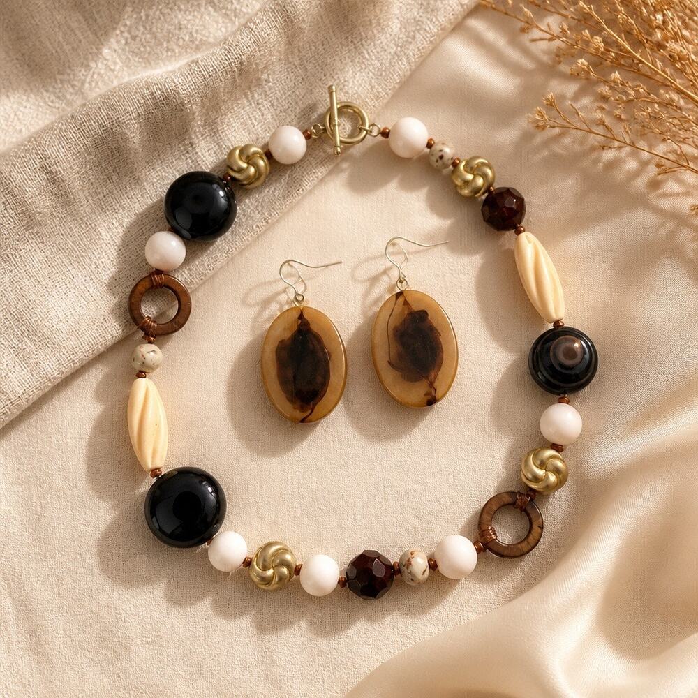 Vintage Chunky Mixed Bead Statement Necklace Tortoiseshell Hoop Earrings Set